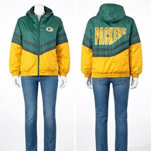 Vintage 90s Green Bay Packers Jerzees Hooded Puffer Jacket L NFL Korea